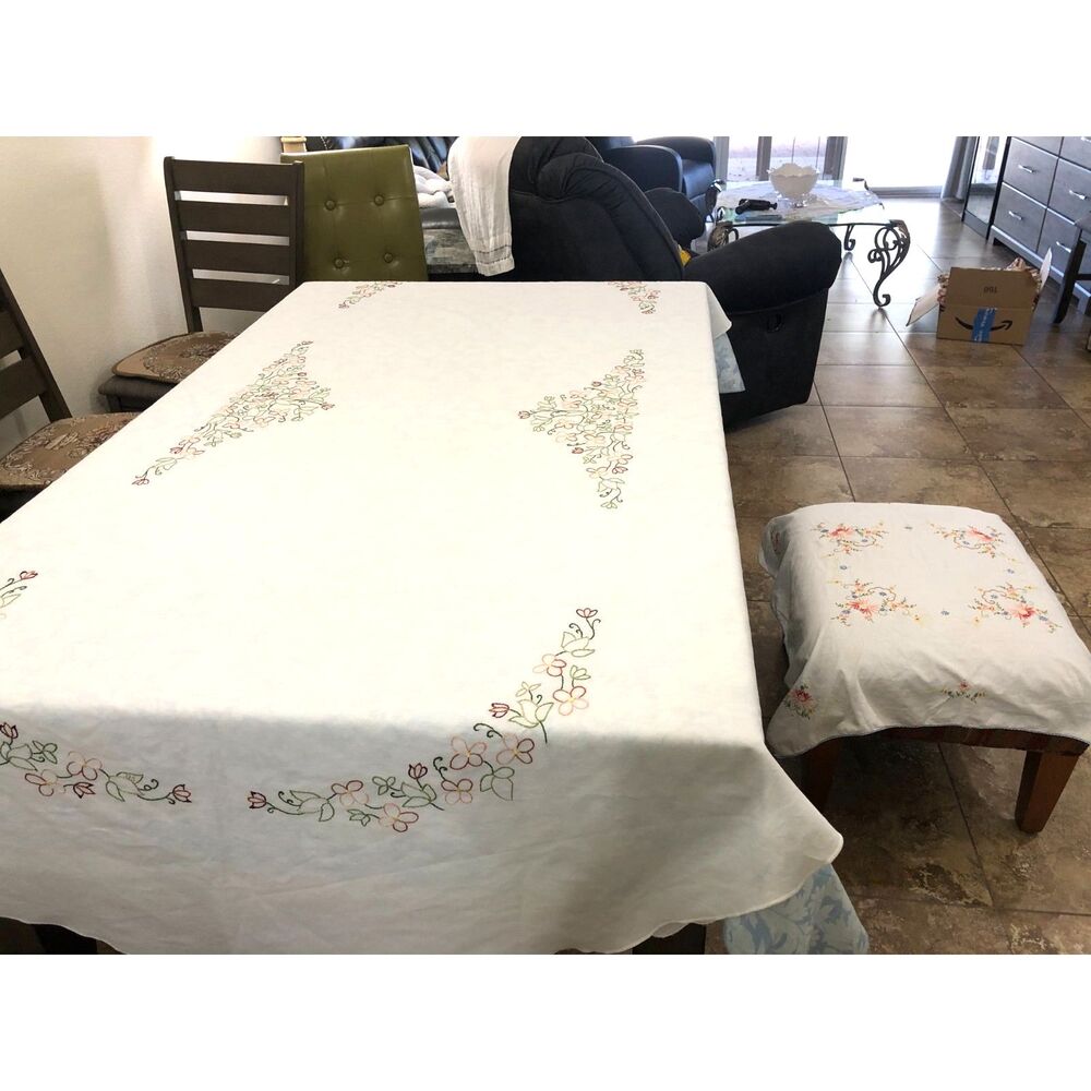 Vintage German Tablecloth 100x60 Oval 30x30 Square Floral Embroidery Linen Set